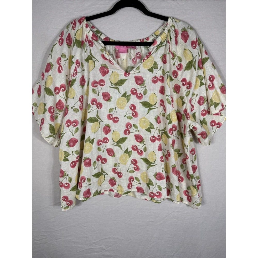 Isaac Mizrahi Womens 3X 100% Linen Fruit Print Peasant Blouse Short Sleeve